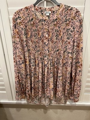 Sundance Popover Pink Floral Blouse XL Lightweight 100% Rayon Pleated Buttons