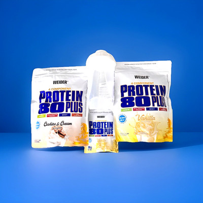 (45,90 /kg)Weider Protein 80 Plus 4 Komponenten Protein 2x500g+Probe+Shaker