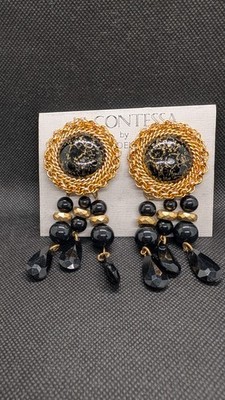 Vintage La Contessa by Mary De Marco Black and Gold Clip on Dangle Earrings