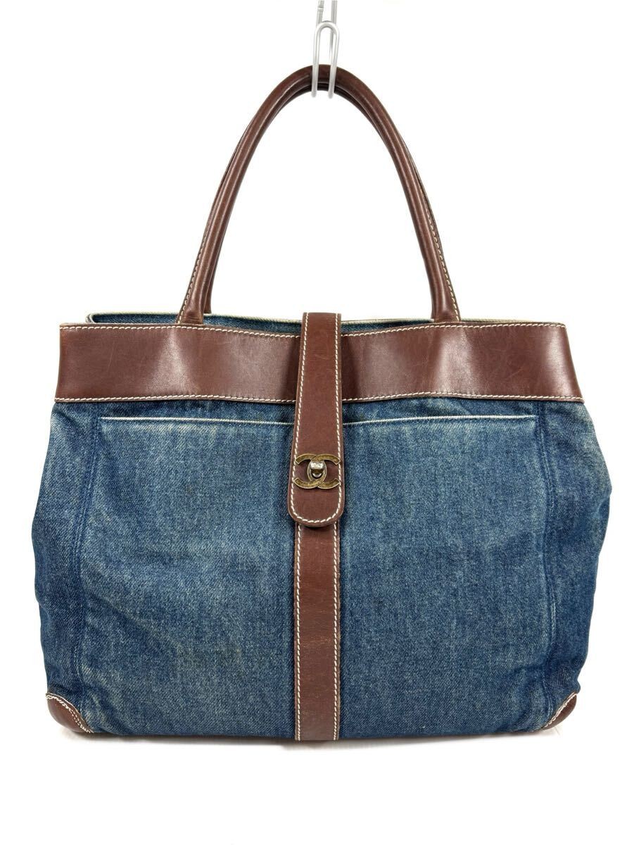Excellent Condition CHANEL Denim Tote Bag in Blue and Brown