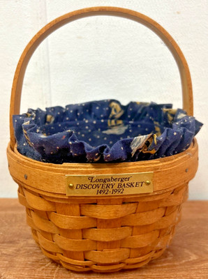 Longaberger 1492-1992 Discovery Basket w/Fabric Liner Sailboats Vintage