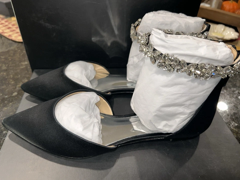 Badgley Mischka alça de tornozelo cristal enfeitada cetim liso preto tamanho 7.5 nova - Imagem 3 de 4