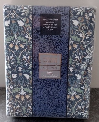NEW William Morris 100% Cotton Queen Duvet Cover 3pc Set Flower Pot China Blue