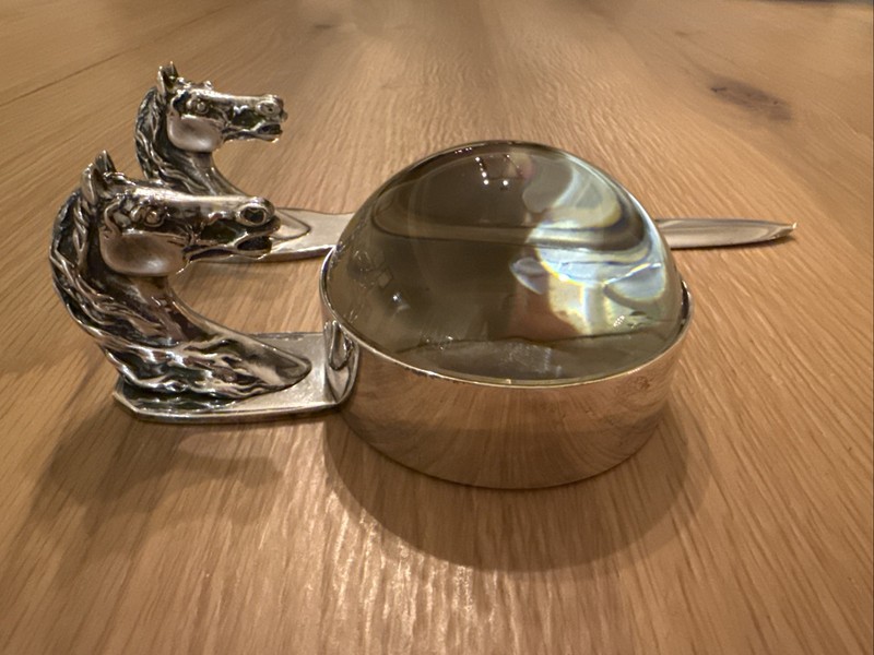 HERMES PARIS Vintage 1960s Horse Magnifier Silver/Glass Matching Letter Opener 