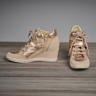 Geox Womens Eleni Bronze Sneaker Suede Metallic Wedge Sneaker SZ  EU 38 US 7.5-8