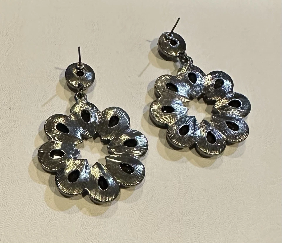 REBECCA MINKOFF XL Silver Crystal Black Faceted Stone Drop Flower Earrings - Image 4 of 4