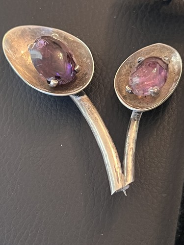 Vintage Sterling Silver Mexico Taxco Amethyst Brooch Pin Earrings Set Modernist  - Picture 5 of 14