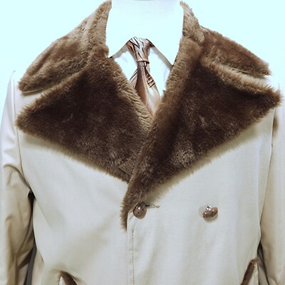 Vtg 1970s Men's Coat L 42 - 44 Overcoat Faux Fur Collar Pile Lined