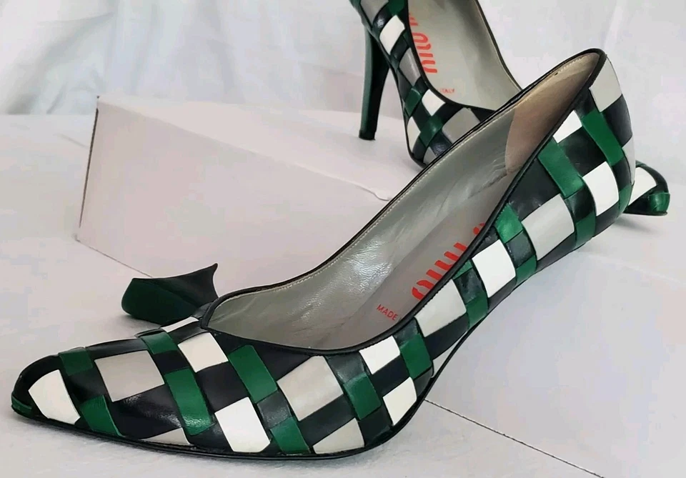 Zapatos de tacón alto de cuero tejido gris negro verde Miu Miu de colección raros 9 LEER Foto 3 de 4