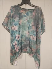 Coynes Womens Floral Scarf Poncho Top Shawl One Size Colorful Green Sheer 