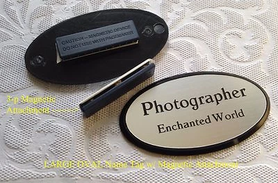 Large OVAL Employee Name Badge / Tag SILVER w/ Black Plastic Frame & Magnet