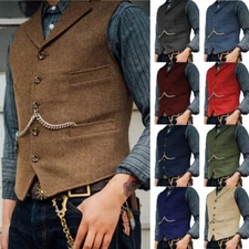 Mens Vintage Vest Western Cowboy Tweed Wool Herringbone Vests M Large XL XXL 3XL