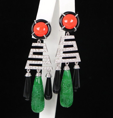 18k White Gold Pave Diamond Black Onyx Engraved Green Jade Pink Coral Earrings
