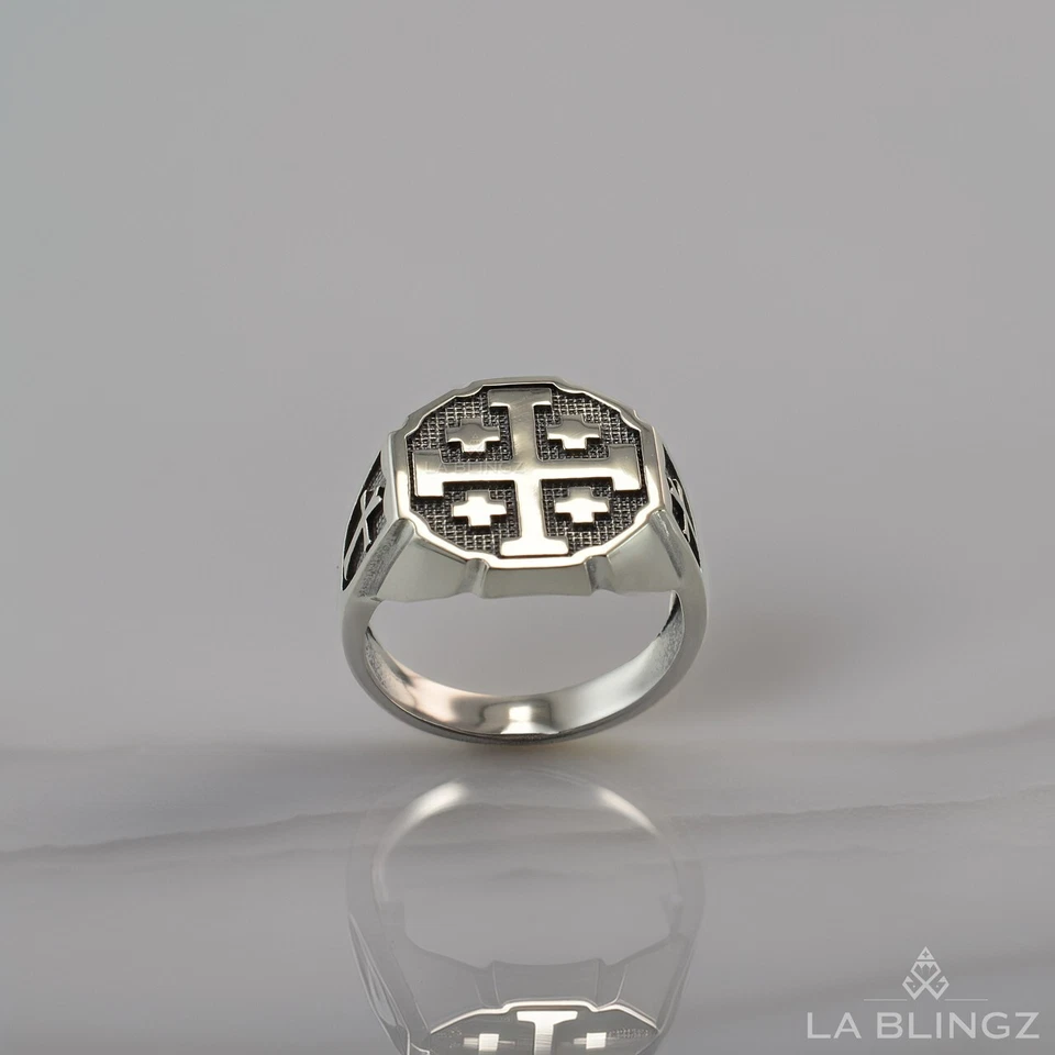 925 Sterling Silver Jerusalem Cross Octagon Signet Ring – Mens Religious Jewelry - Image 3 of 4