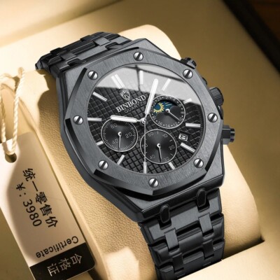 BINBOND Stainless Steel Men's Watch Waterproof Quartz Wrist Watch with Date