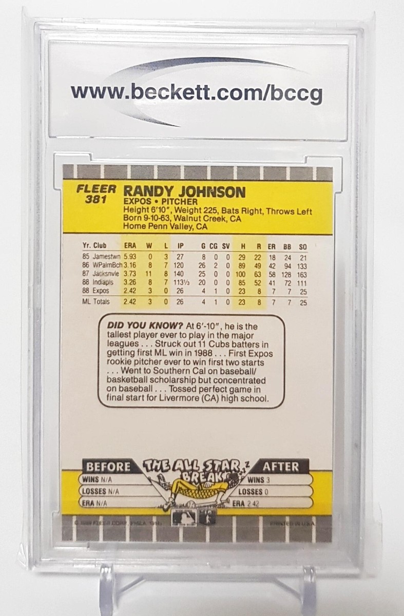 RANDY JOHNSON 1989 FLEER #381 ROOKIE RC BCCG 10 MONTREAL EXPOS HOF