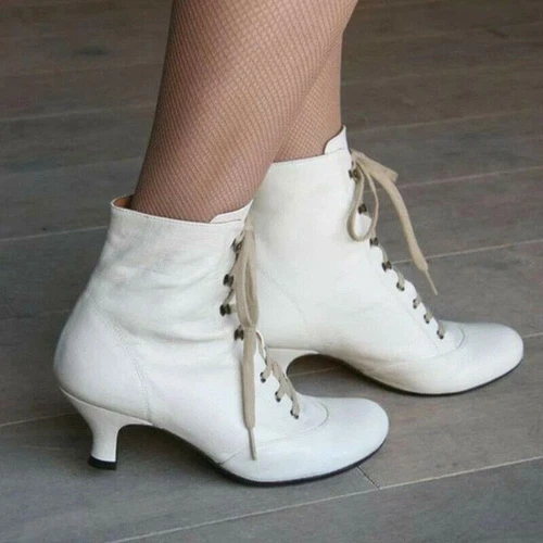 Botines de tacón bajo de gatito victoriano retro con cordones para mujeres damas zapatos formales - Imagen 6 de 12