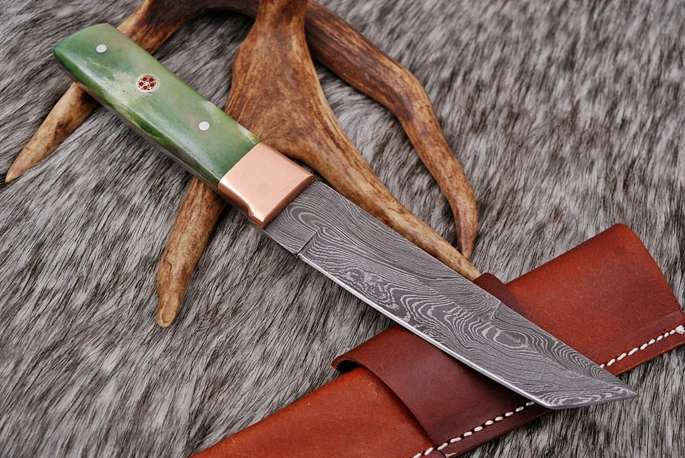 HAND FORGED DAMASCUS STEEL TANTO POINT HUNTING KNIFE & BONE HANDLE +SHEATH-.1305 - Image 2 of 4