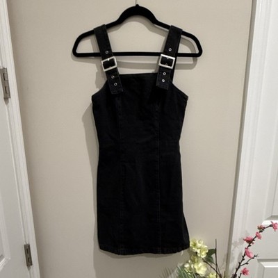Topshop Black Denim Overall Mini Dress Buckle Strap Sleeveless US 2