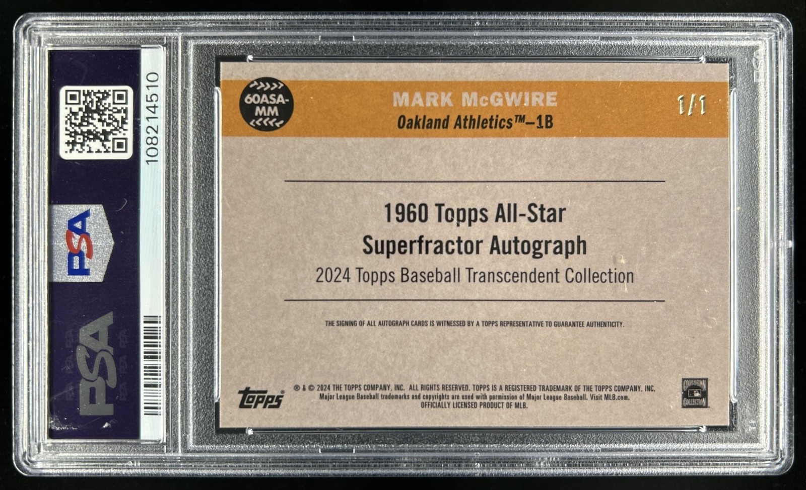 2024 Topps Transcendent Mark McGwire 1960 All-Star Superfractor Auto #1/1 PSA 10 view 2