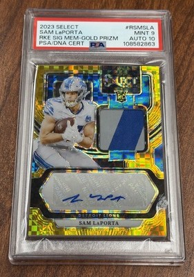 2023 PANINI SELECT RC SIG MEM GOLD PRIZM #RSMSLA SAM LAPORTA 10/10 PSA 9 AUTO 10