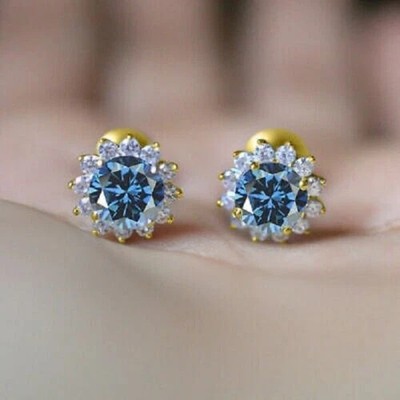 2Ct Round Cut Blue Tanzanite Push Back Halo Stud Earrings 14K Yellow Gold Finis