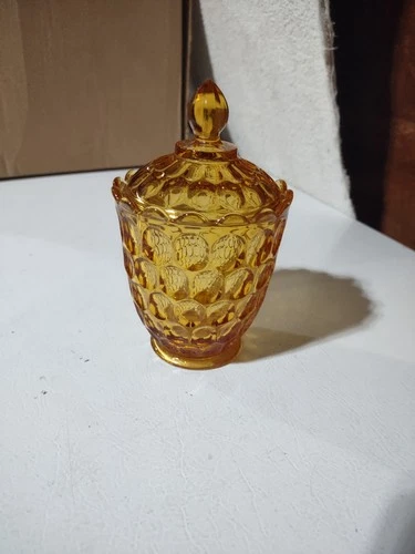 Fenton depression glass amber thumbprint sugar bowl compote and lid.