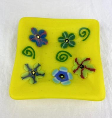 Fused Art Glass Trinket Ring Dish Square Tray Yellow Flower Power Spiral Design