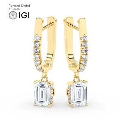 Smaragd Solitär Labgrown Diamant Creolen Ohrringe 18k Gelbgold 2,30 ct F Vvs2