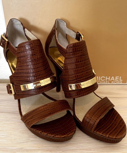 MICHAEL KORS BROWN BARLEY T-STRAP PLATFORM EMBOSSED LEATHER- 8M TRIED ON ONCE! - Picture 6 of 11
