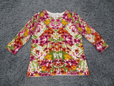 Christopher & Banks Sweater Womens PM Purple Floral Cotton Knit Cardigan 3/4