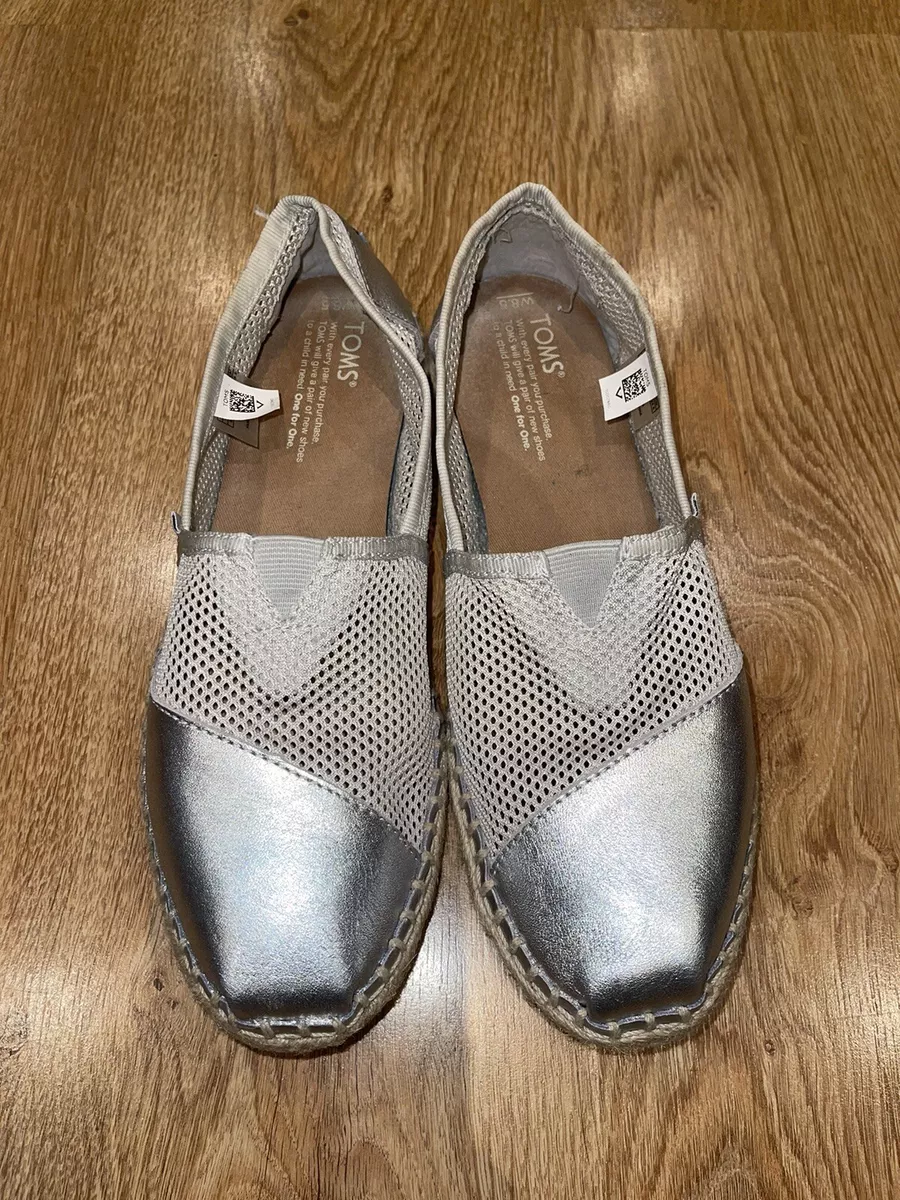 Gorgeous Toms Espadrilles Classic Silver Mesh Silver Leather Flats Uk 6.5 Eu 39