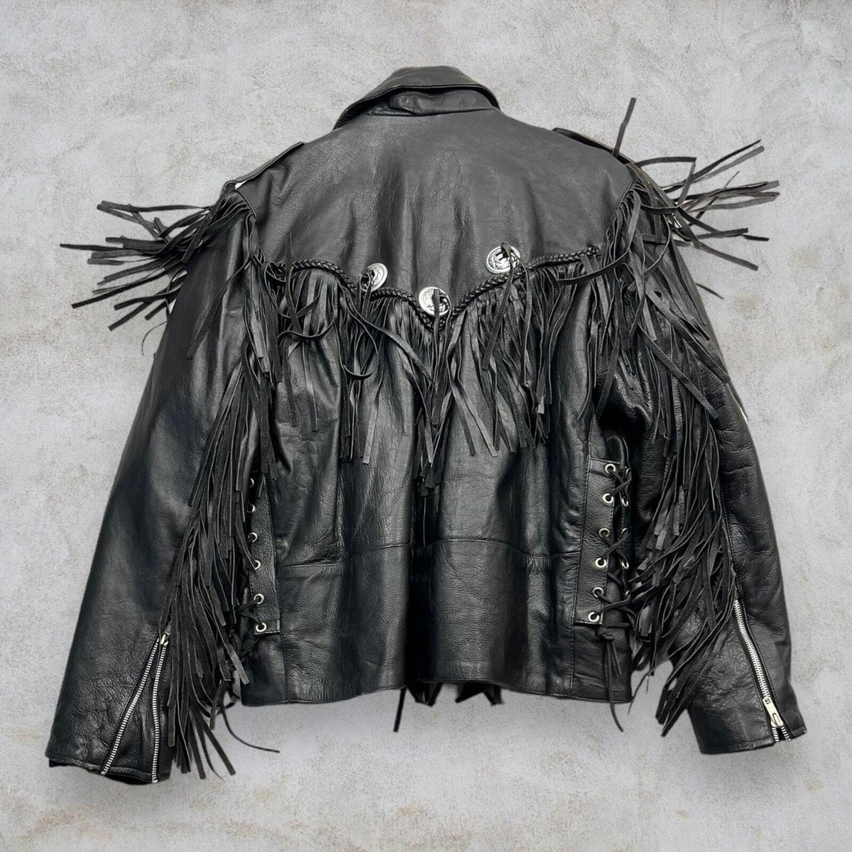 VINTAGE 90s BLACK LEATHER FRINGE WESTERN WEAR STYLE JACKET 48 | eBay