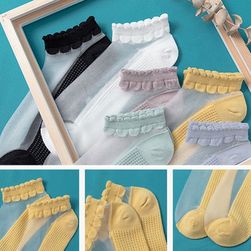 Summer Women Transparent Thin Flower Lace Socks Crystal Silk Solid Ankle Socks - Picture 5 of 20