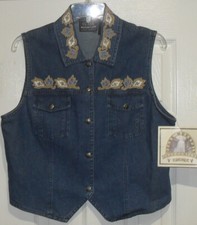 Women's Embroidered Blue Jean Denim Vest Fall Leaves Button Front Pockets Size M