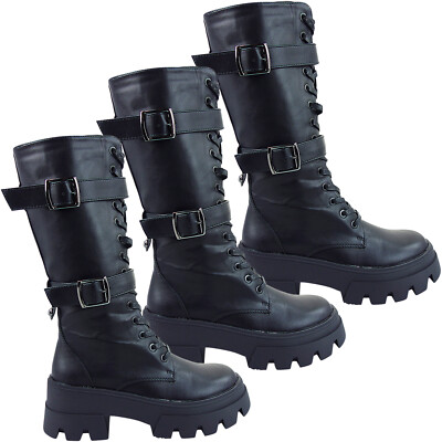 Women Ladies Chunky Sole Knee Lace Up Low Mid Heel Buckle Combat Biker  Boots Emo UK