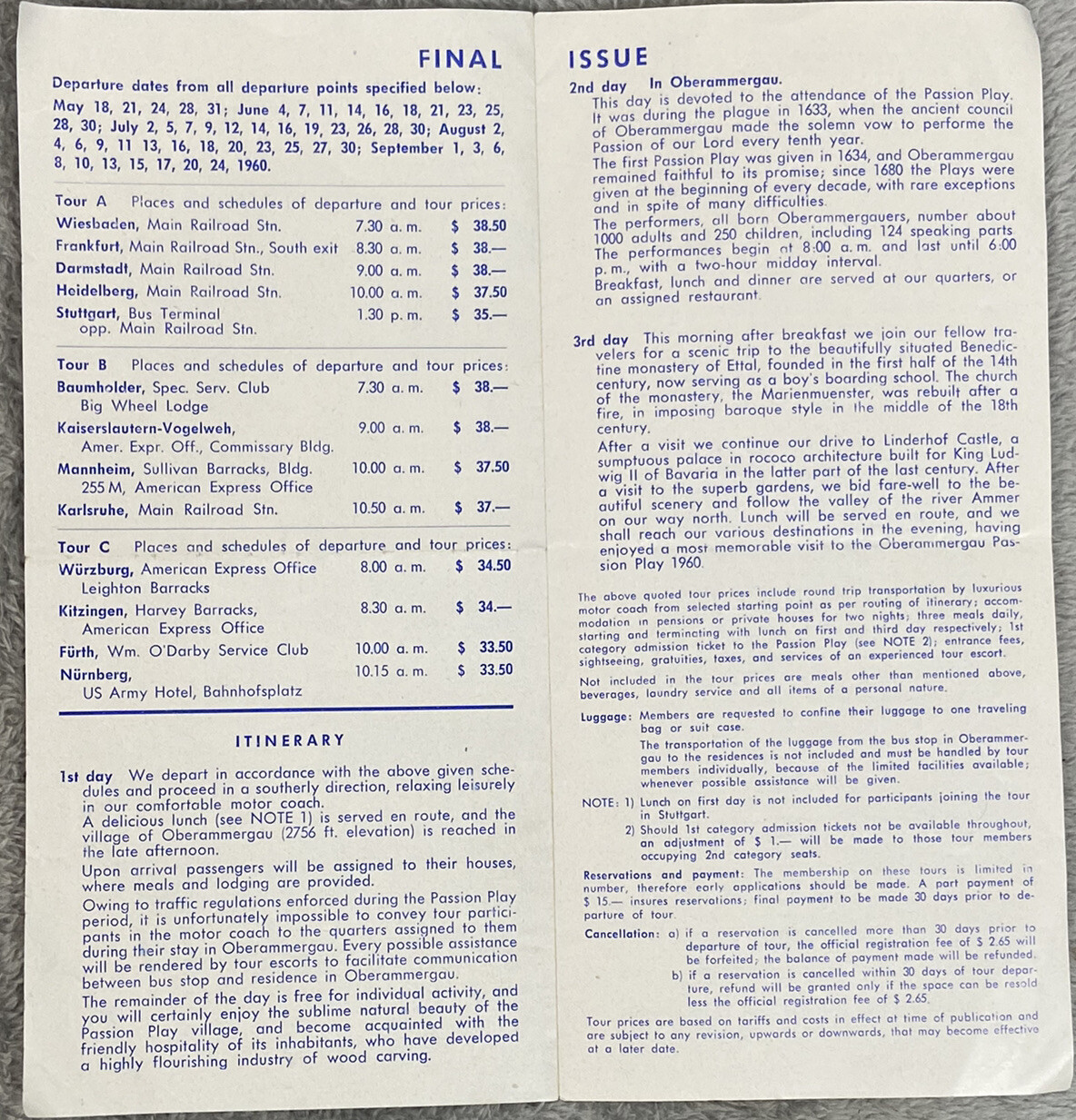 Pamphlet Header Vintage Brochure & Final Itinerary Oberammeragau, Germany Passion Play ...