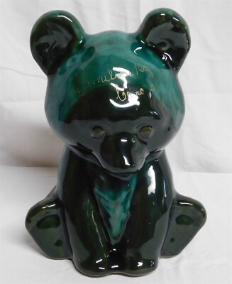 Blue Mountain Pottery Bank Teddy Bear Classic BMP Blue Green Glaze Vintage