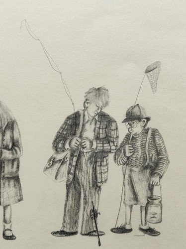 ELIZABETH R HUNT 1988 ORIGINAL NORTHERN ART PENCIL DRAWING, KIDS DAY OUT FISHING - Picture 22 of 24