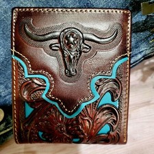 Longhorn Texas Mens wallet Western GENUINE LEATHER Short handtooled Brown  Teal