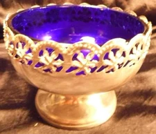 ANTIQUE CELTIC QUALITY SILVER PLATE COBALT GLASS MADE IN ENGLAND COMPOTE AS38