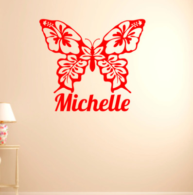 HIBISCUS FLOWER BUTTERFLY PERSONALIZED YOUR NAME LARGE WALL VINYL DECAL ...