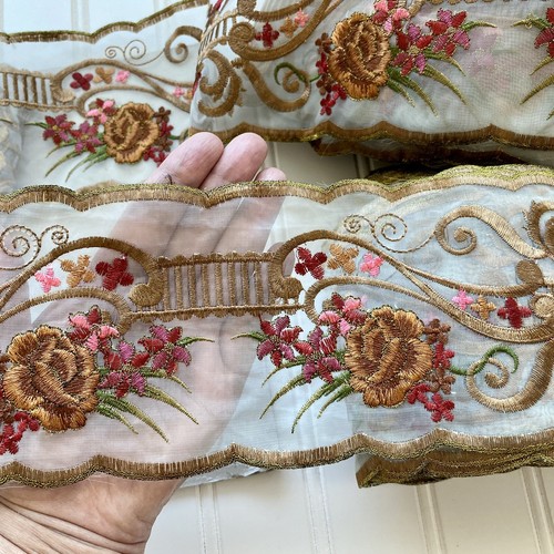 Brown Floral Embroidered Double-edged Trim/Sewing/Crafts/Bridal/4" Wide - Picture 8 of 12