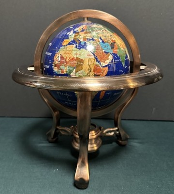 10''Table Top Blue Lapis Ocean Gemstone World Globe Copper Color Stand & Compass