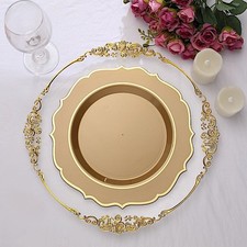 20 GOLD 10.5" Round Plastic Dinner Plates GOLD Scalloped Rim Events