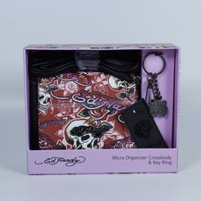 Brand New Ed Hardy Set: Micro Crossbody Bag  Keychain   Skulls  Roses Tattoo