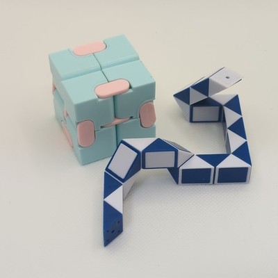 Lot of 2 Cute Mini Fidget Toys Infinity Cube + Snake Cube, Stress Anxiety Relief