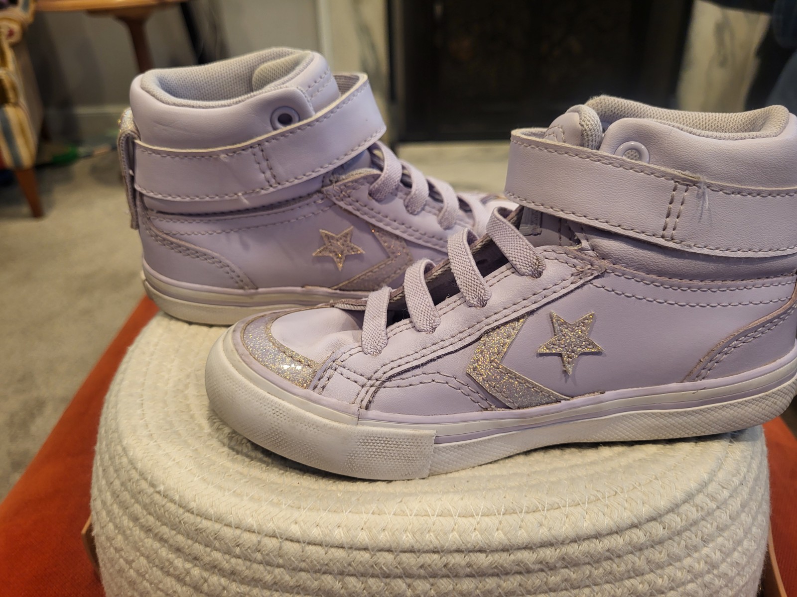 Converse All Star Kids Lavender Glitter High Top Sneakers Adjustable Strap thumbnail 2