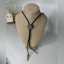 Vintage Western Bolo Tie Black Braided Cord Silver Concho Southwestern Rodeo