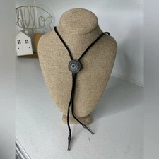 Vintage Western Bolo Tie Black Braided Cord Silver Concho Southwestern Rodeo